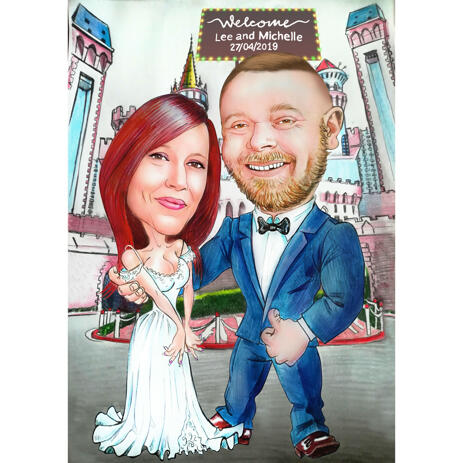 Funny Bride And Groom Caricature On Colored Background For Wedding