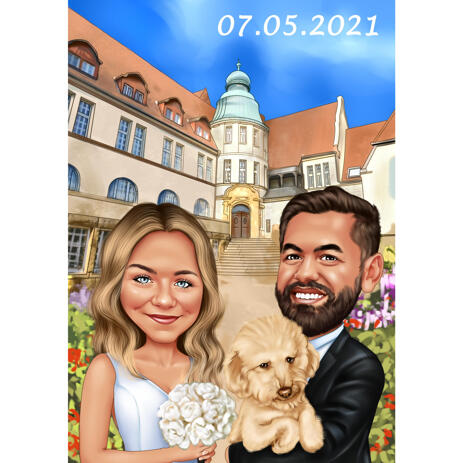 Church Wedding Couple with Pet Caricature Drawing from Photos - example