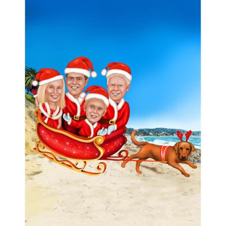 Christmas Family Caricature in Sleigh with Tropical Background - example