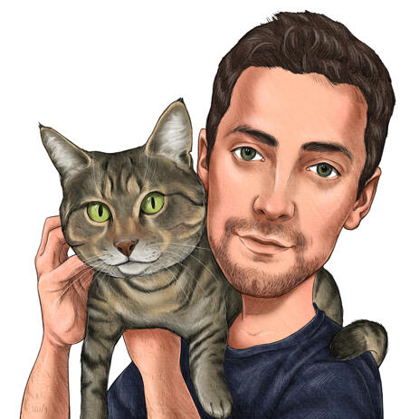 Owner with Cat Caricature Portrait from Photos in Colored Style - example
