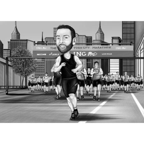 Jogging Person Gift - Custom Cartoon Portrait for Marathon Runner in Black and White Style - example