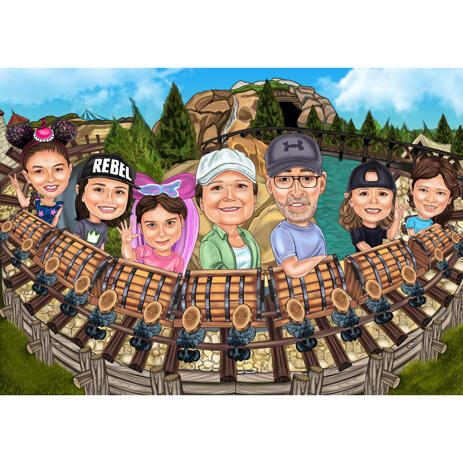 Rollercoaster Family Trip Caricature on Custom Background from Photo - example