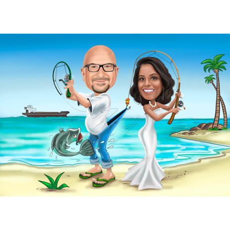 Good Humored Wedding Couple Fishing Caricature in Colored Style with Beach Background - example