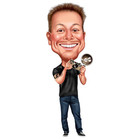Male Photographer with Camera in Hand Caricature from Photo in Full Body Colored Style - example