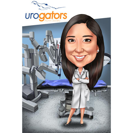 Custom Doctor Surgery Caricature with da Vinci Robot in the Background - example