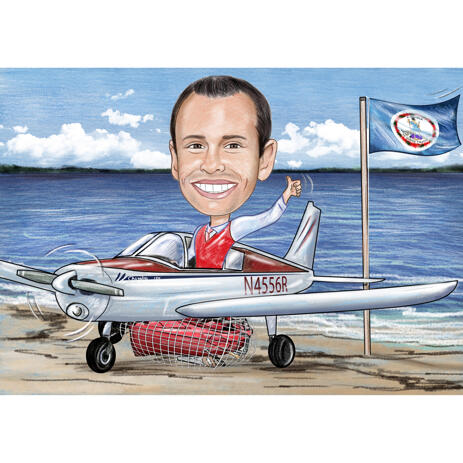 Head and Shoulders Pilot Caricature with Plane and Background - example