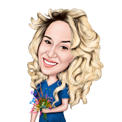 Colored Style Woman Cartoon Caricature Portrait Holding Wildflowers Bouquet - example