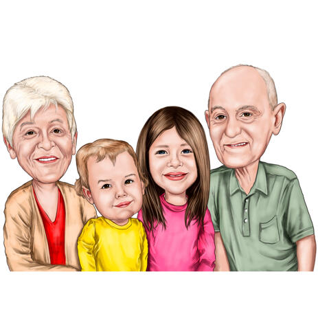 Grandparents and Grandkids Colored Caricature from Photos - example