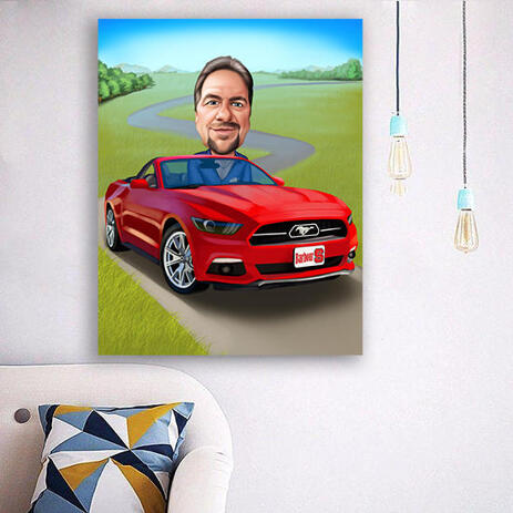 Printed Caricature on Canvas - Man in Car Hand Drawn from Photo - example
