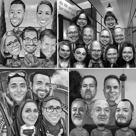 Group Caricature Portrait in Black and White Style with Custom Background - example