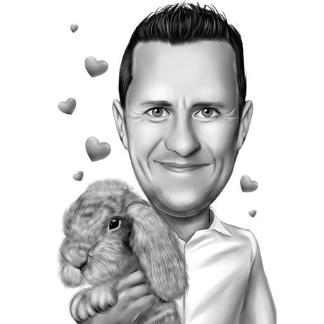 Owner with Rabbit Caricature from Photos in Black and White Style - example
