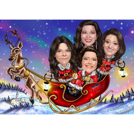Christmas Girls Colored Caricature from Photos in Santa's Sleigh - example