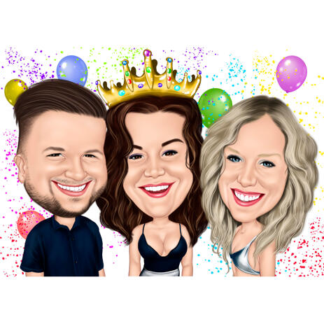 Funny Exaggerated Group Friends Caricature for Gift - Birthday Person with Crown - example