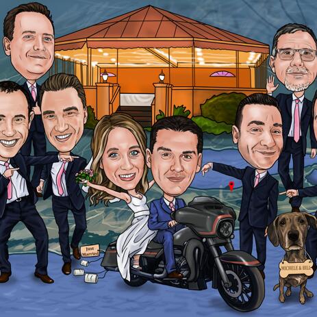 Bride with Groom and Groomsmen Caricature Drawing - example