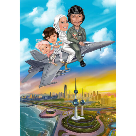 Family on Air Plane Military Caricature Drawing with City Background - example