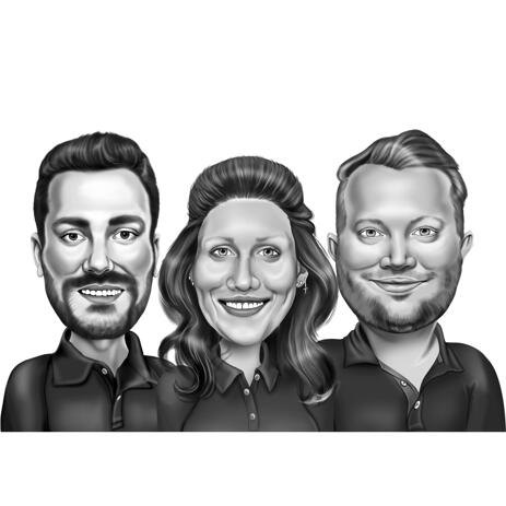 Three People Caricature in Black and White Funny Exaggerated Style from Photos - example