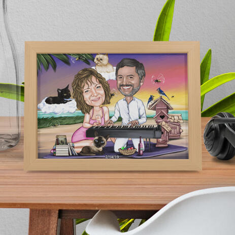Custom Caricature of Couple with Pets in Color Style as Photo Paper Print - example