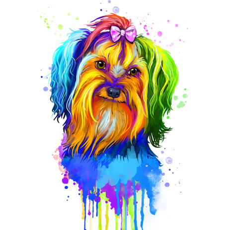 Yorkie Portrait Cartoon in Watercolor Rainbow Style from Photos - example