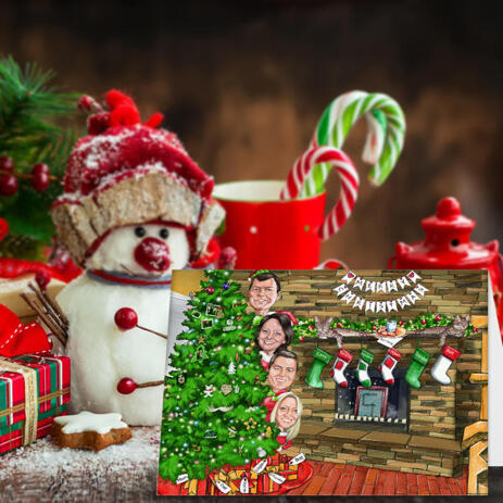Family with Christmas Tree in Colored Style from Photos - Set of 10 Caricature Cards - example
