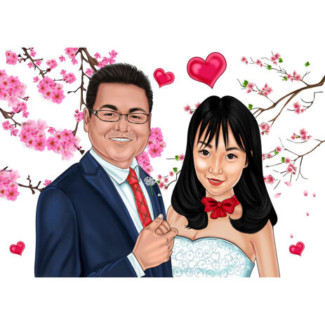 Sakura Blossom - Couple Wedding Cartoon Portrait in Colored Style from Photos - example