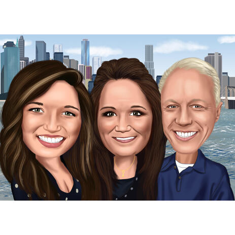 Group Caricature of Three Persons in Colored Style with Custom Background - example