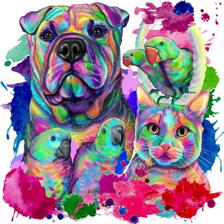 Dog with Cat and Birds - Mixed Pet Caricature Portrait in Watercolor Style from Photos - example