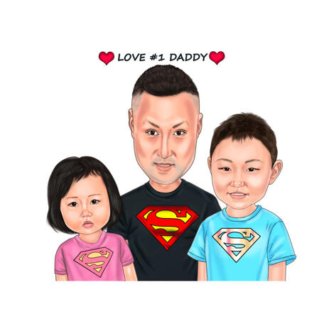Father with Two Kids Cartoon Drawing from Photos in Colored Style - example