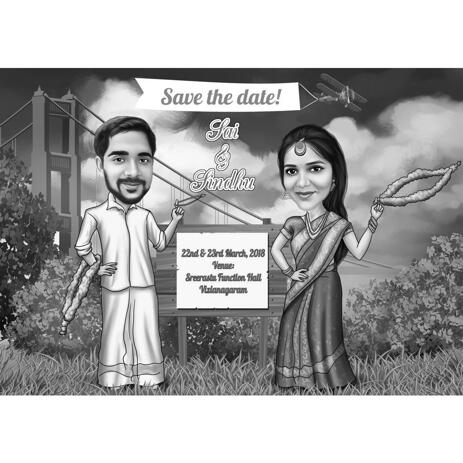Indian Bollywood Save the Date Caricature in Black and White Style - example