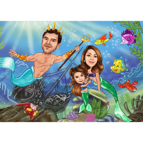 Custom Mermaid Family Caricature with Custom Background - example