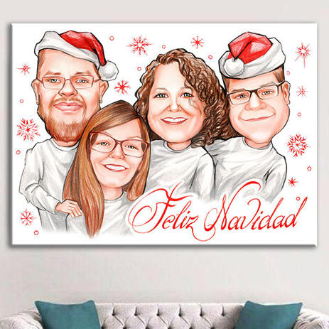 Christmas Family Caricature on Canvas for Custom Gift - example