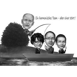 Caricature de pêche et de navigation de groupe dans un style noir et blanc à partir de photos