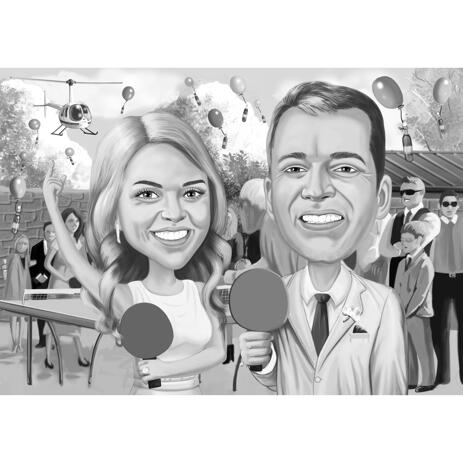 Couple Wedding Cartoon Portrait with Custom Background in Black and White Style - example